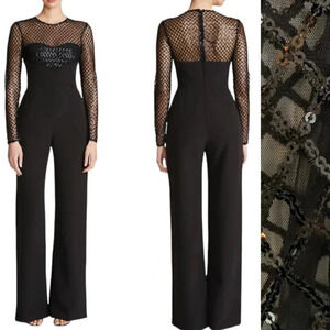 Halston Jac Sequin Illusion Neck Crepe Wide Leg Jumpsuit Black Size 2 NWT